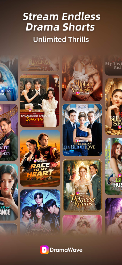 DramaWave - Dramas & Reels - DramaWave mobile app screen displaying a grid of short form drama posters and titles