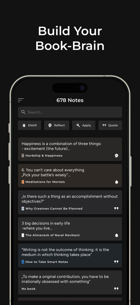BookNote - Book Tracker & TBR - Interfaz de la aplicación BookNote mostrando notas de libros y ideas organizadas con etiquetas de categoría.