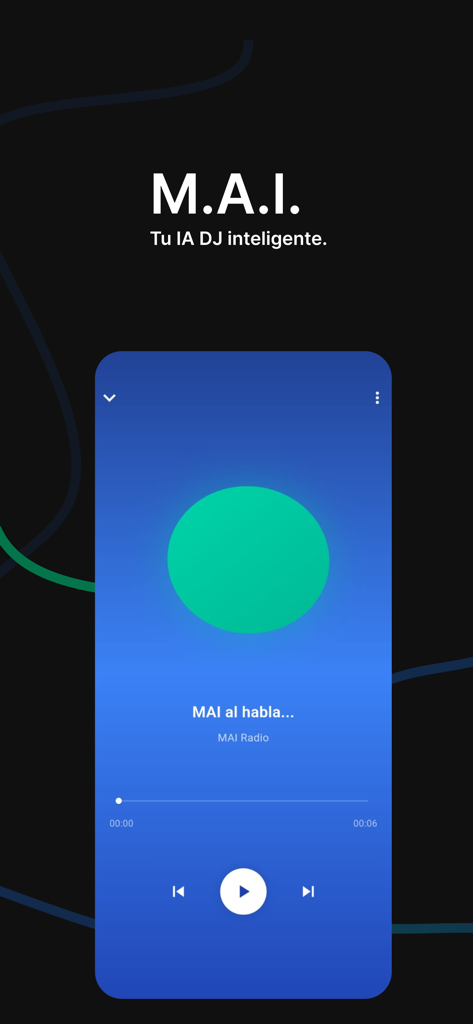Meulify: Reproductor de música - Meulifyミュージックプレイヤーのインターフェース。M.A.I.インテリジェントAI DJ機能が表示されています。