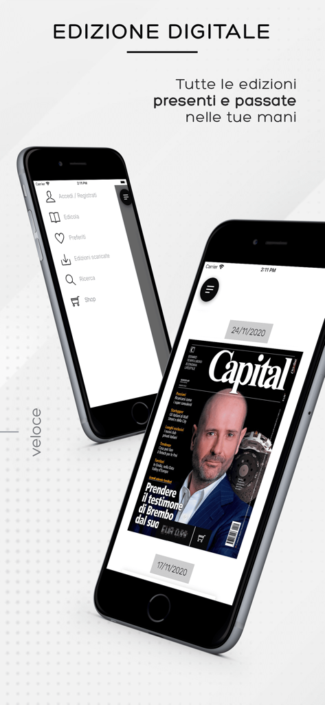 Application Capital sur iPhone affichant la couverture du magazine numérique et le menu de navigation