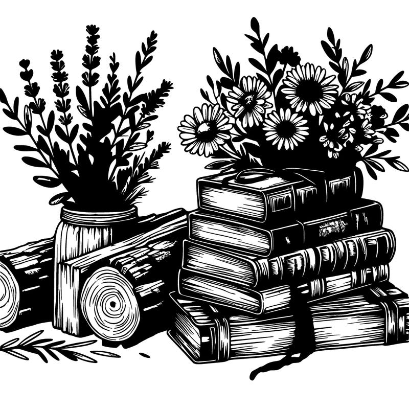 rustic books and wild flowers realistic