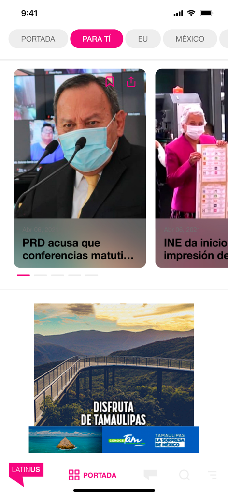 Latinus - Interface of the Latinus news app displaying political news cards and a travel section for Tamaulipas Mexico
