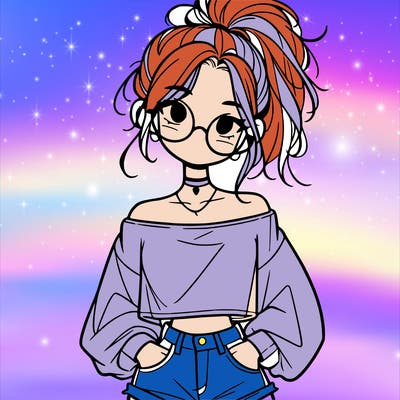 girl with a messy ponytail glasses a baggy crop top and jean shorts