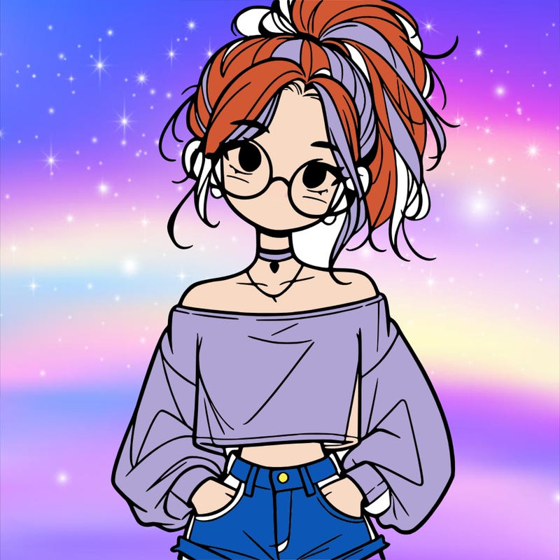 girl with a messy ponytail glasses a baggy crop top and jean shorts