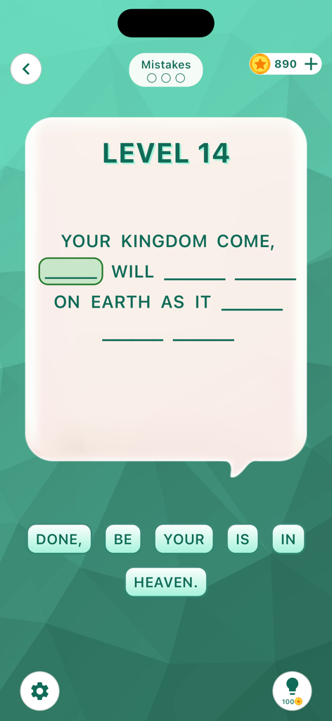 Bible Game - Verses God's Word - Bible verse sentence forming puzzle game screen showing Level 14