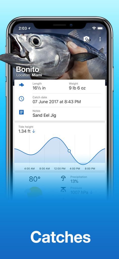 Schermata dell'app Fishing Points che mostra un registro catture per un pesce Bonito, inclusi dettagli come lunghezza, peso e un grafico dell'altezza della marea.