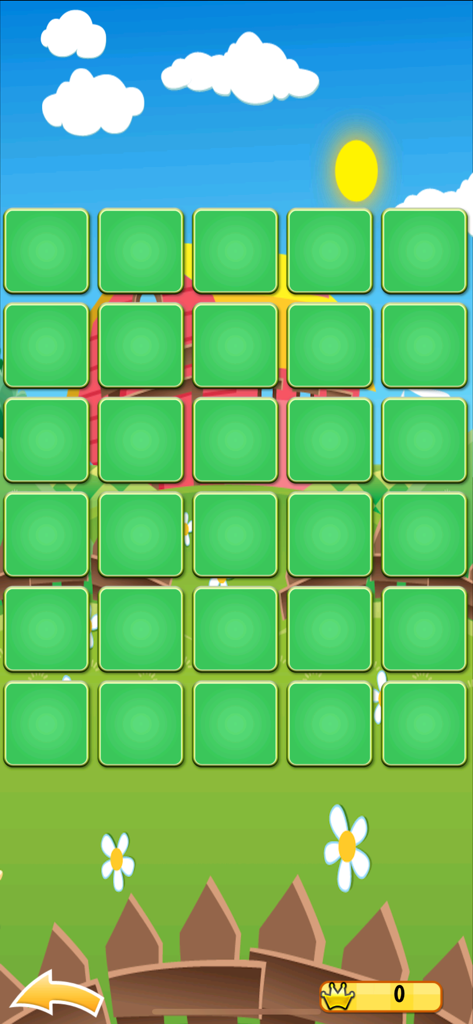Farm Match for Kids & Toddlers - A memory game screen featuring a grid of green cards on a cartoon farm landscape background