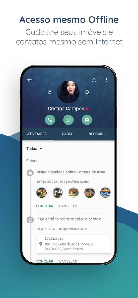 Imobzi mobile app screenshot showing a contact profile with an activity timeline and a message about offline access for real estate agents.