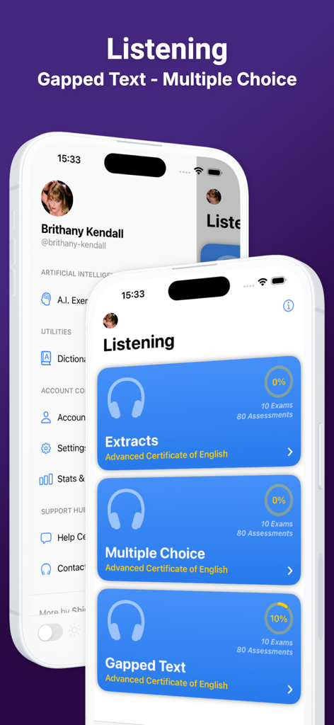 English C1 CAE - Mobile Oberfläche der English C1 CAE App, die Hörprüfungsmodule für Auszüge, Multiple Choice und Lückentexte zeigt.