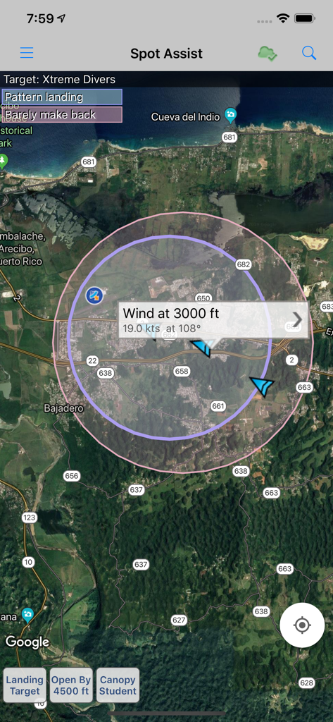 Spot Assist Skydiving Tool - Spot Assist app interface showing wind data at 3000 feet and landing patterns on a satellite map