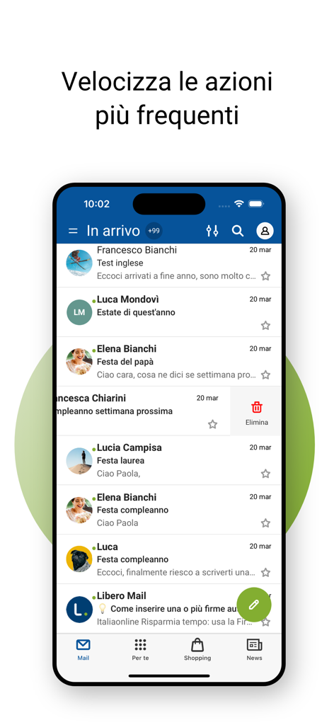 Interfaz de la app Libero Mail que muestra la bandeja de entrada con un gesto de deslizamiento para eliminar un correo electrónico
