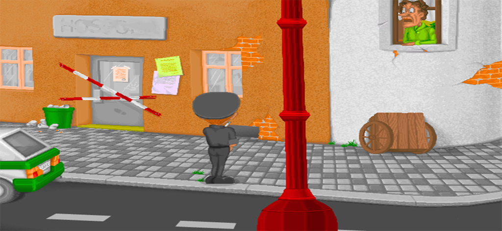 Polda - A detective character investigating a building in the retro point and click adventure game Polda