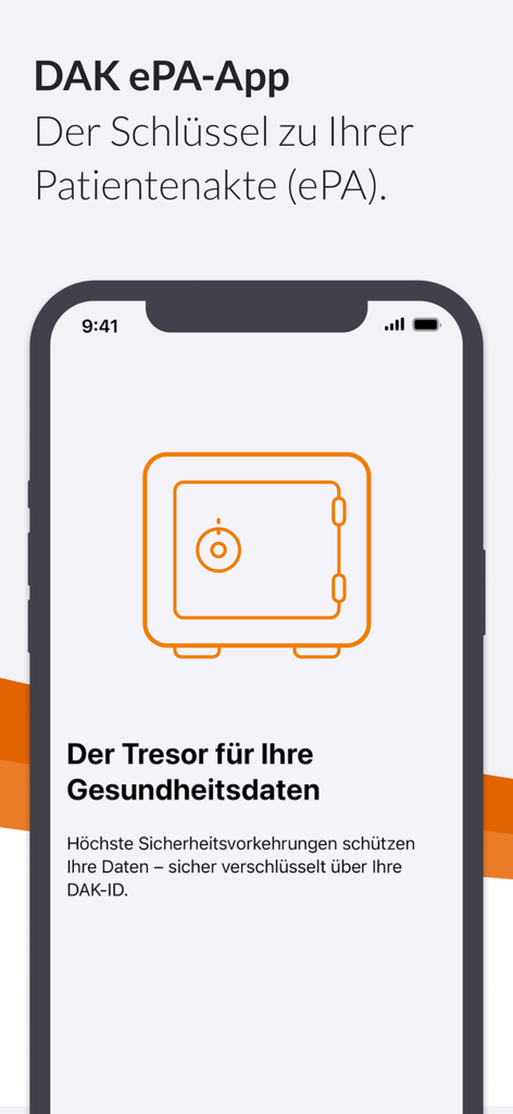 DAK ePA - Mobile App-Bildschirm für DAK ePA mit einem Tresor-Symbol zur sicheren Speicherung medizinischer Daten