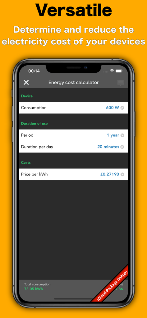 Schermata del calcolatore dei costi energetici nell'app Energy Tracker che mostra i costi stimati dell'elettricità per un dispositivo in base alla potenza e alla durata di utilizzo.