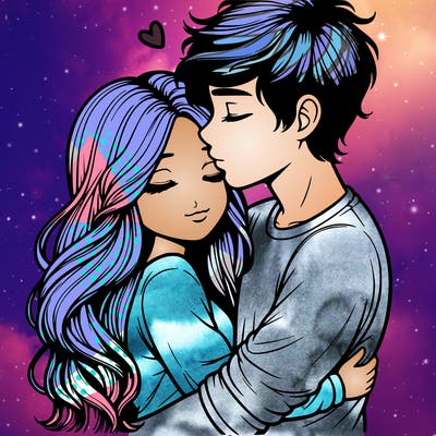 a realistic couple boy and girl hugging and kissing