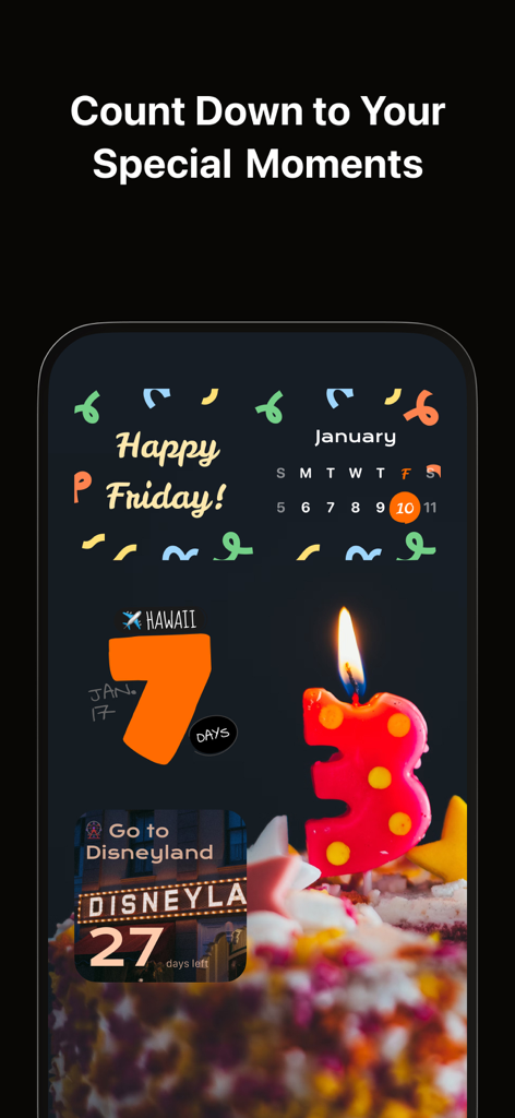 Pantalla de inicio de iPhone con widgets estéticos de cuenta atrás para viajes a Hawái y Disneyland