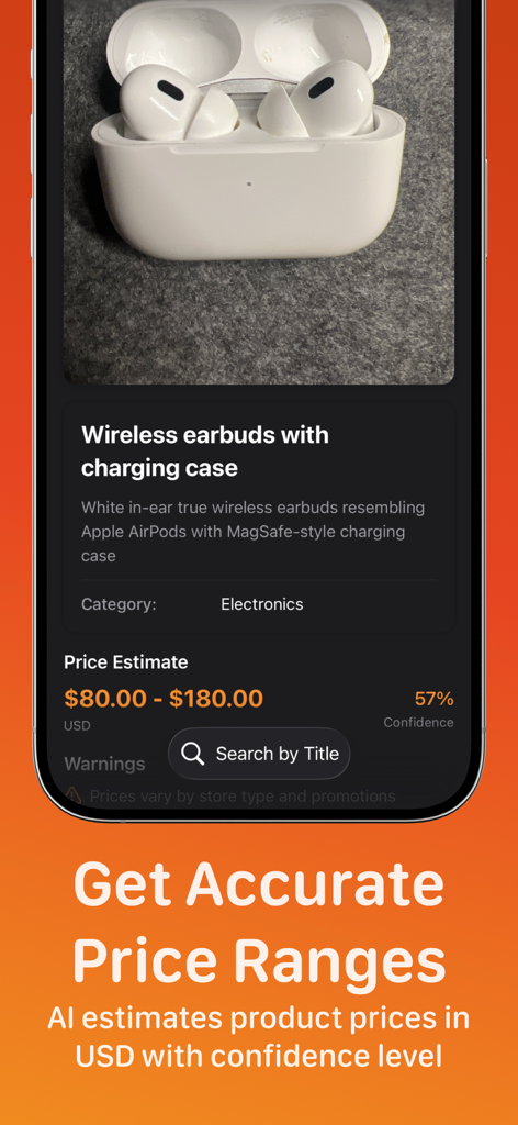Price Identifier: Scan & Check - Screenshot of Price Identifier app showing an AI generated price estimate and confidence level for a pair of wireless earbuds