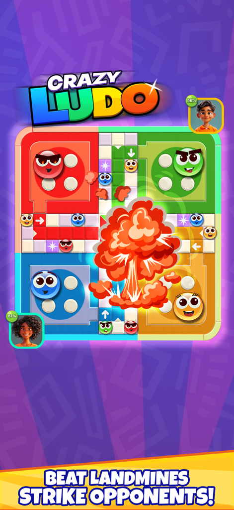 Crazy Ludo game board showing a landmine explosion in the center and player profile icons