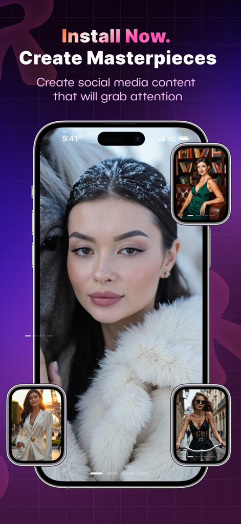 AI Photo Generator - ReCrea.ai - ReCrea.ai mobile app interface showcasing AI-generated professional and creative portraits in various styles for social media.