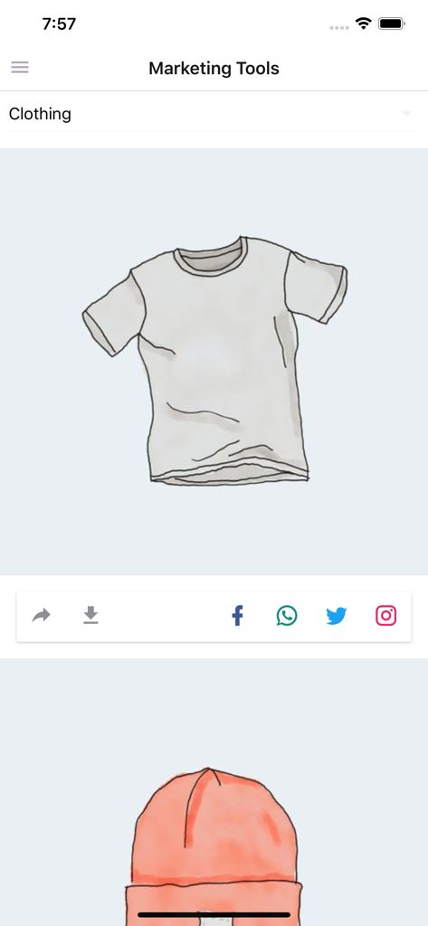 Pro Affiliates - Pro Affiliates app marketing tools screen showing social media sharing options for a clothing product