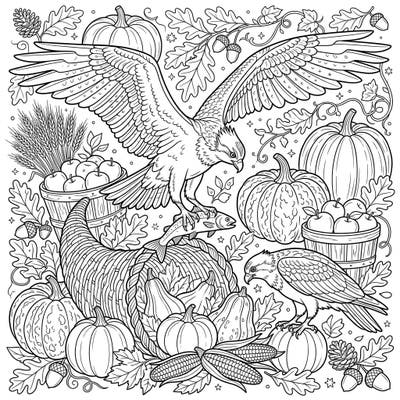 Discover a truly unique Thanksgiving coloring experience featuring magnificent ospreys amidst a bountiful autumn harvest. This intricate design invites colorists of all ages to celebrate the season with a touch of wildlife wonder.