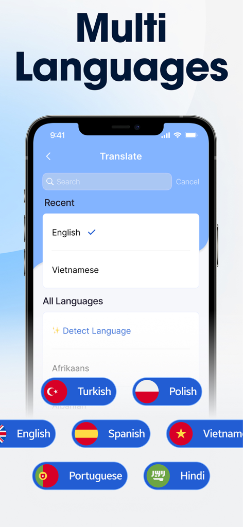 Translate Go KI-Übersetzer-Oberfläche zeigt eine Liste unterstützter Sprachen und Flaggen