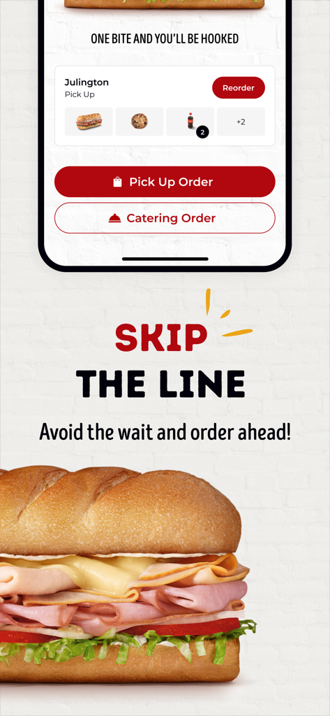 Firehouse Subs Mobile App Bildschirm zeigt 'Wartezeit überspringen' und 'Voraus bestellen' Funktionen.