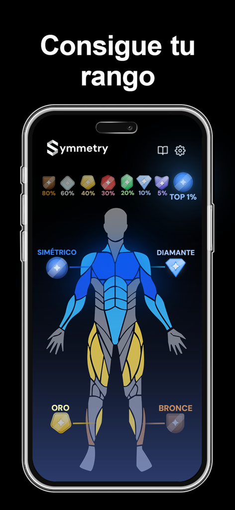 Symmetry: Rutinas Gimnasio Pro - Interfaz de la aplicación Symmetry que muestra los rangos musculares del cuerpo y el progreso de la simetría.