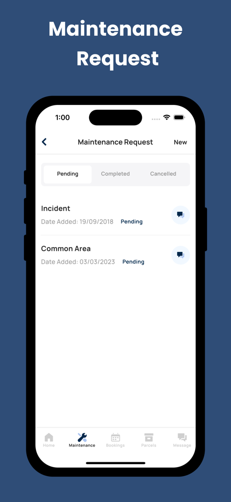Maintenance request tracking screen in the MYBOS Resident app showing pending service tasks for residents.