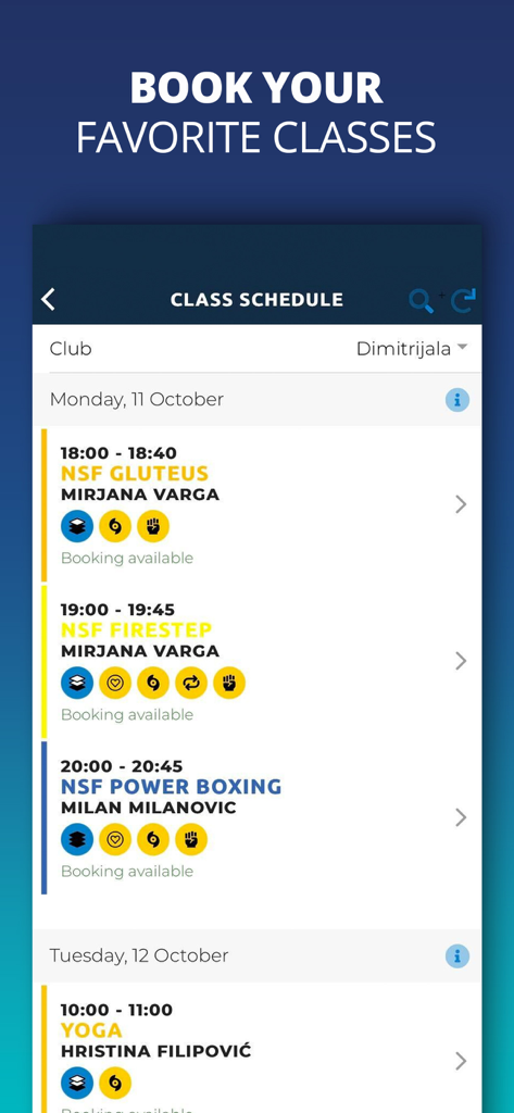 The class schedule screen of the Non Stop Fitness app showing available gym sessions like Yoga and Power Boxing with instructor names and booking status.