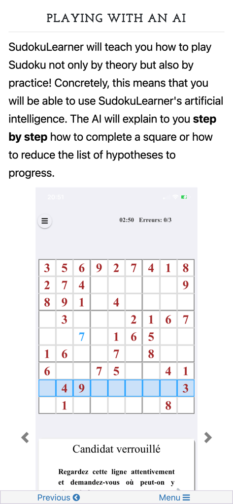 Sudoku Academy - Interfaccia dell'app Sudoku Academy che mostra un tutor AI che fornisce spiegazioni logiche passo dopo passo per la risoluzione di un puzzle