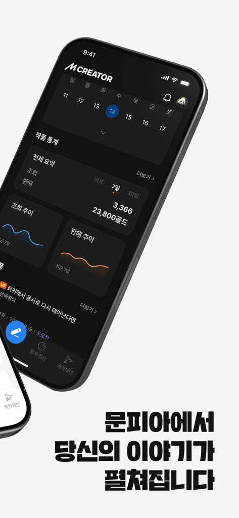 문피아 크리에이터 - MUNPIA CREATOR - A mobile phone screen displaying the Munpia Creator app dashboard with analytics for web novel views, sales trends, and a content calendar.