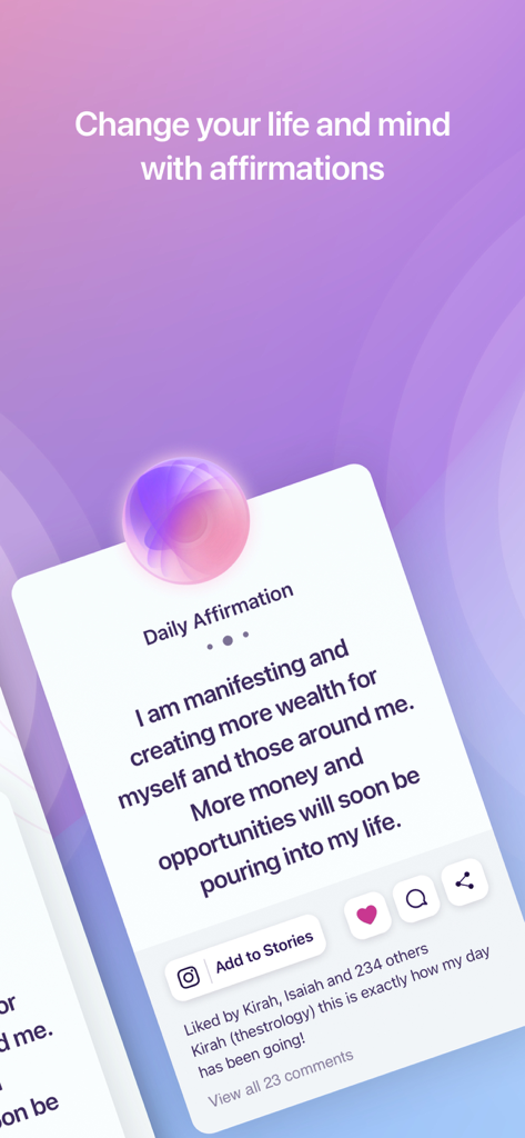 Third Eye Thoughts - Third Eye Thoughtsアプリの画面。富と機会のマニフェステーションに関する毎日のアファメーションが表示されています。