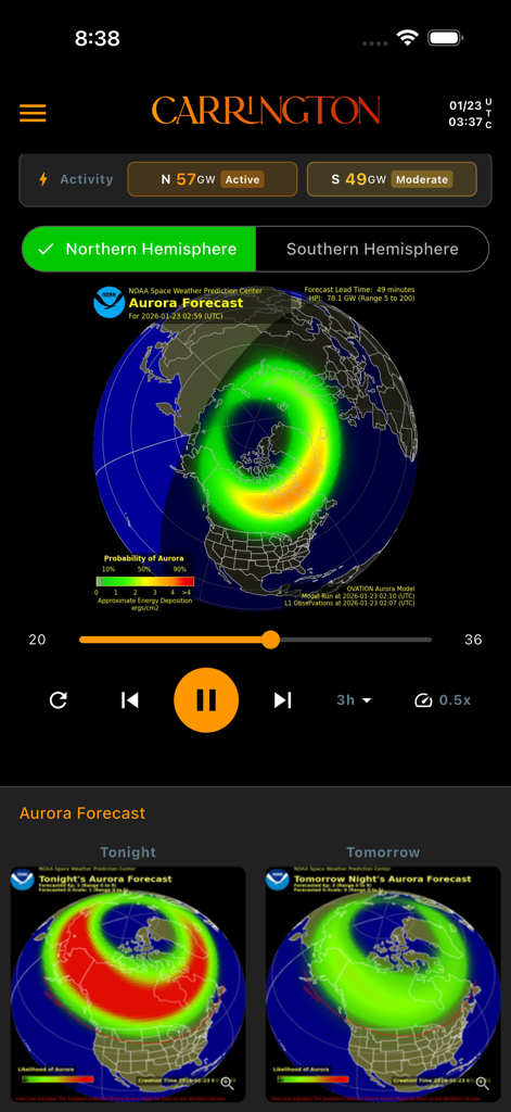 Carrington - Carrington app displaying a real-time aurora forecast map for the Northern Hemisphere with tonight and tomorrow predictions.