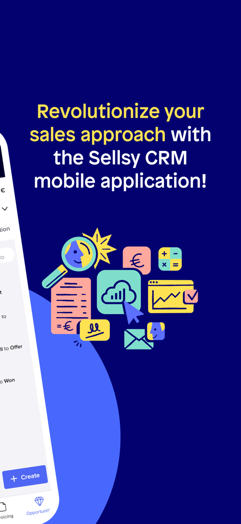 Sellsy CRM - Introductory screen for the Sellsy CRM mobile app highlighting sales tools and features.