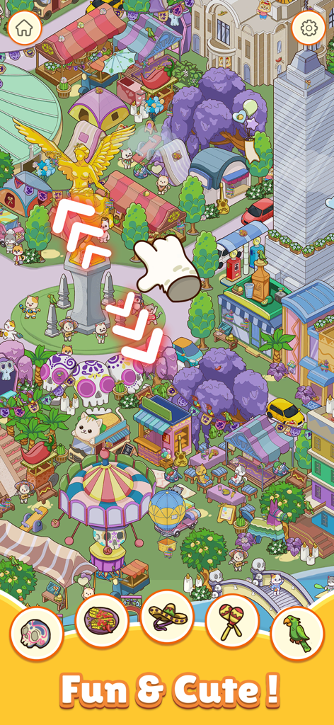 Find My Cat Out: Hidden Object - Nível colorido de caça ao tesouro no jogo Encontre Meu Gato Escondido mostrando decorações festivas e uma lista de busca