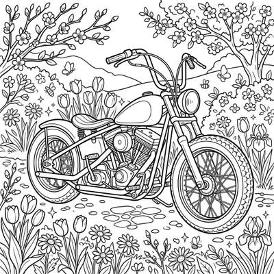 Experience the thrill of the open road combined with the beauty of spring in this unique coloring page. A classic bobber motorcycle rests amidst blooming flowers, ready for your artistic touch.