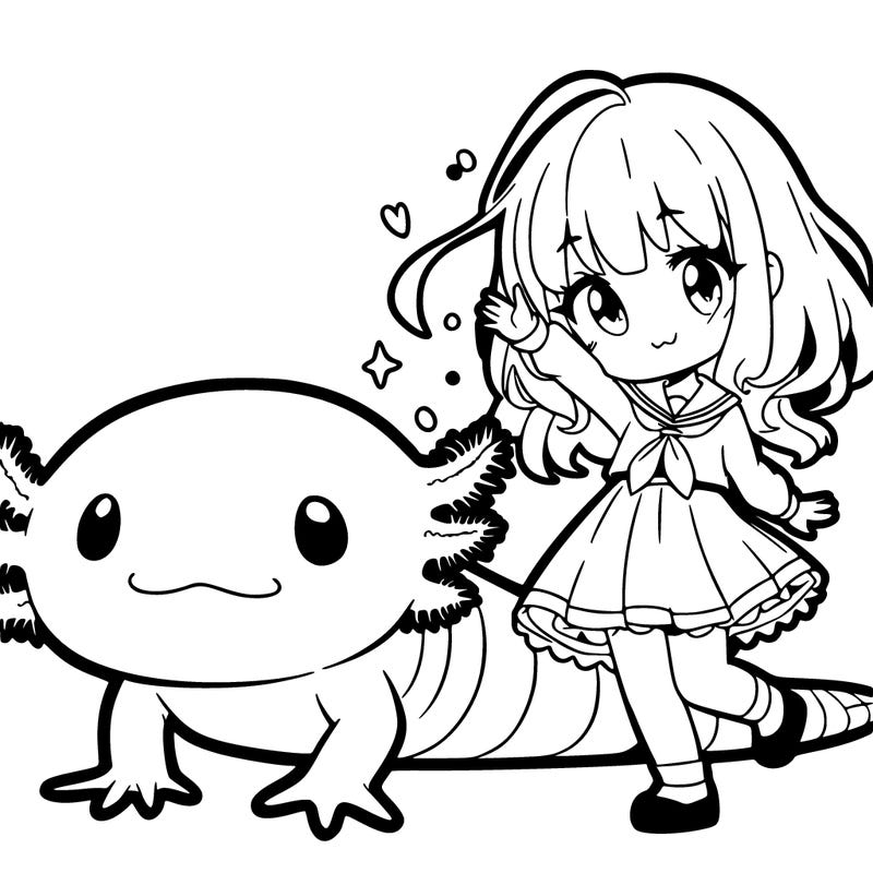 a tiny axolotl with a anamay girl
