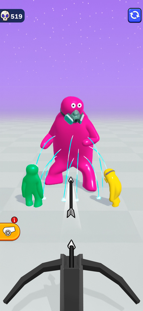 キャノン・カオス：おもしろショット！で、クロスボウをカラフルなキャラクターたちに狙いを定めるファーストパーソン視点。