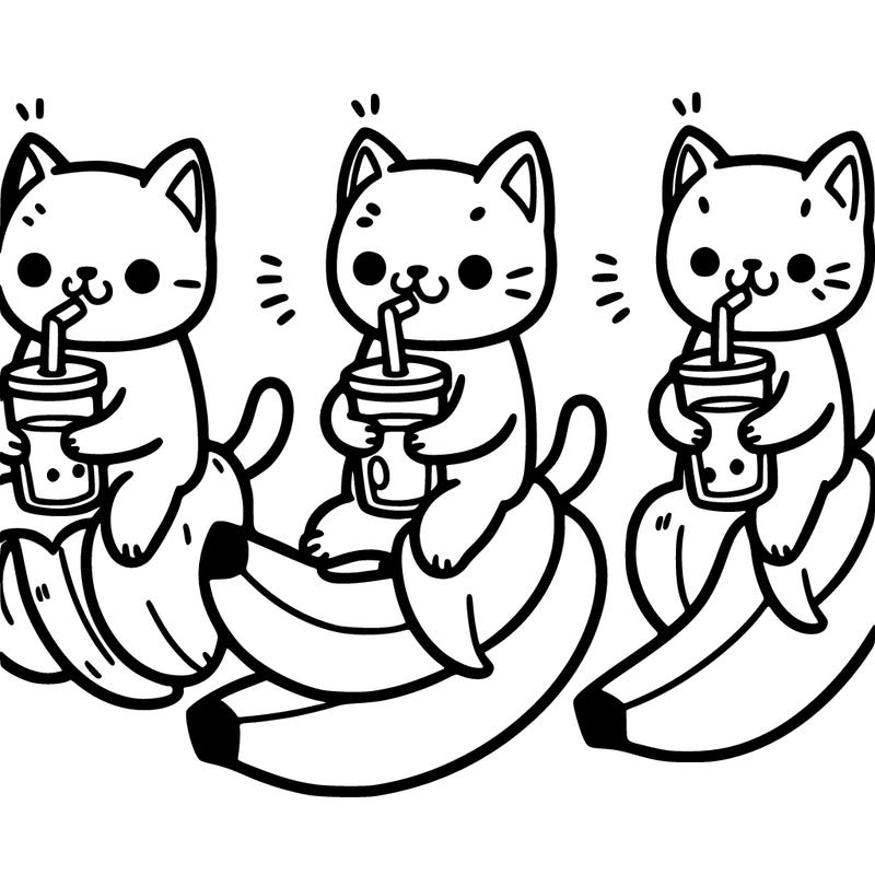 three cats riding a banana drinking orange juice
