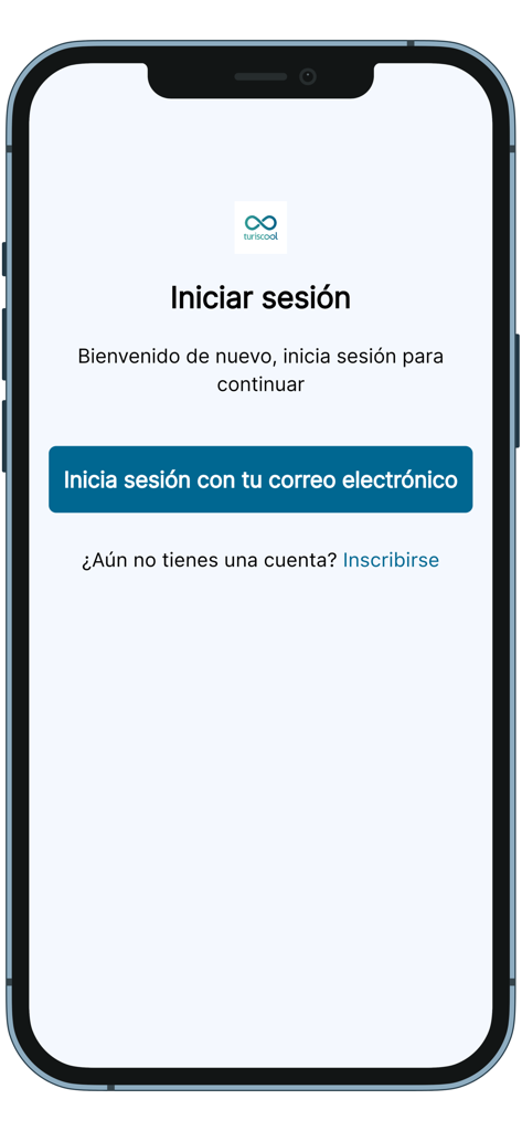 Turiscool 앱 로그인 화면, 스페인어로 된 호텔 산업 전문가 교육용
