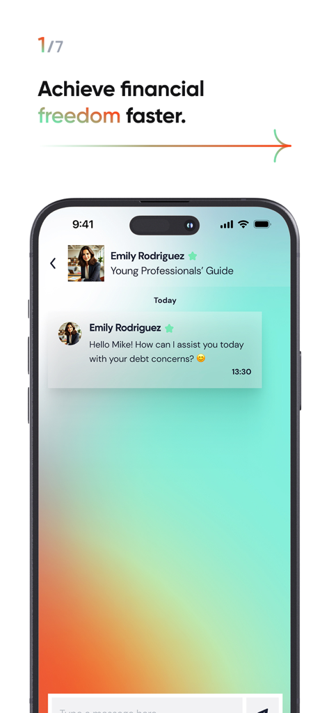AI Finance Advisor - Écran de smartphone affichant l'application Conseiller Financier IA avec un message de chat d'un guide financier virtuel concernant les préoccupations liées à la dette.
