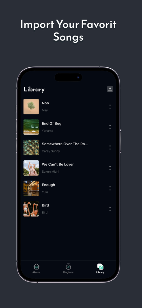 The music library screen of the Musico Vision app displaying a list of imported songs and album art on an iPhone.