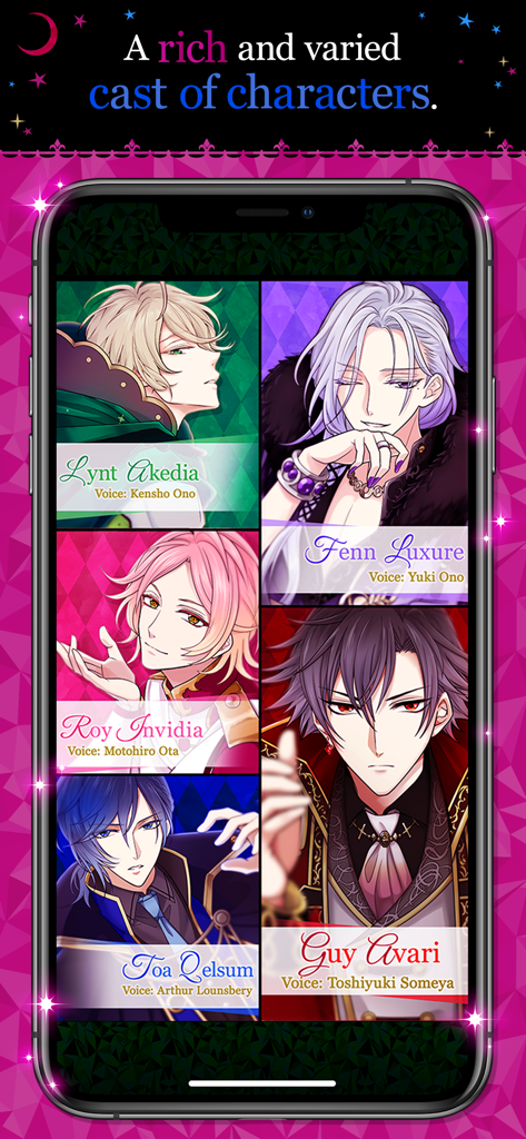 Una exhibición de cinco apuestos príncipes de Court of Darkness, incluyendo sus nombres y actores de voz.