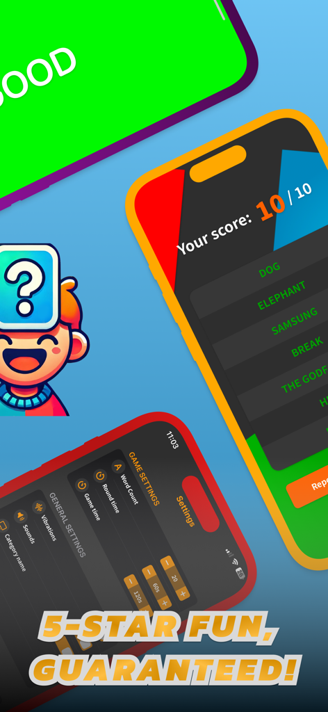 Who Am I? - Guess The Word! - Interfaz de resumen de puntuación y configuración del juego para la aplicación ¿Quién Soy? Adivina la Palabra