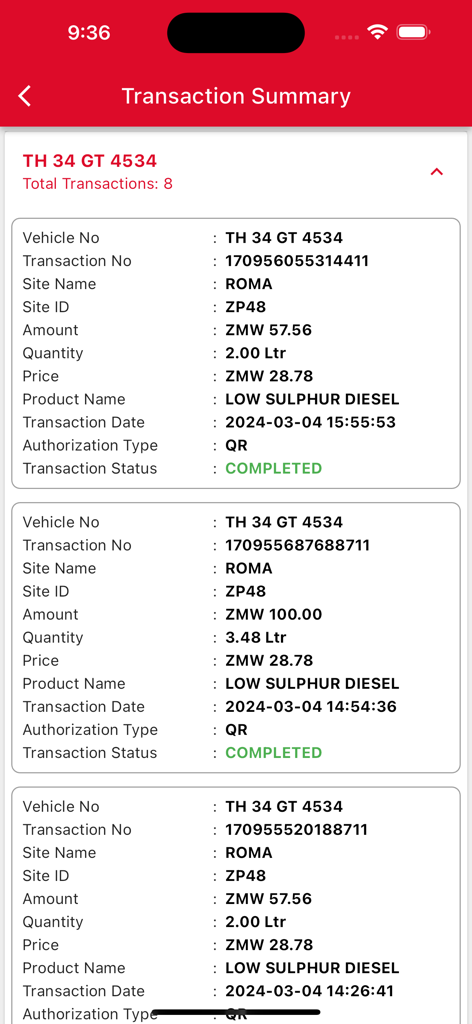 Meru Fleet Solutions - Pantalla de resumen de transacciones que muestra el historial de compras de combustible y los detalles del vehículo