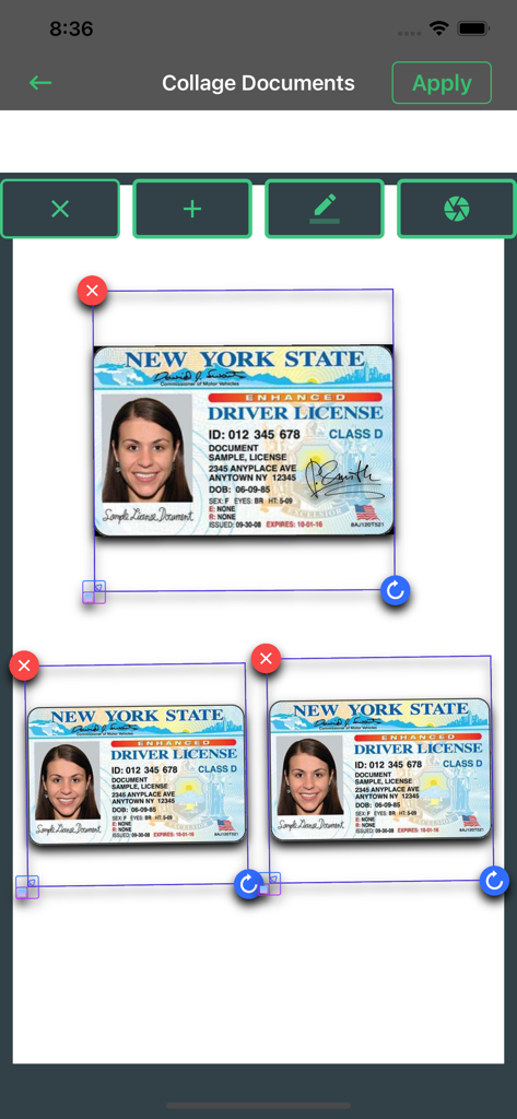 Interface de la fonction de collage de documents montrant plusieurs cartes d'identité scannées disposées sur une seule page.