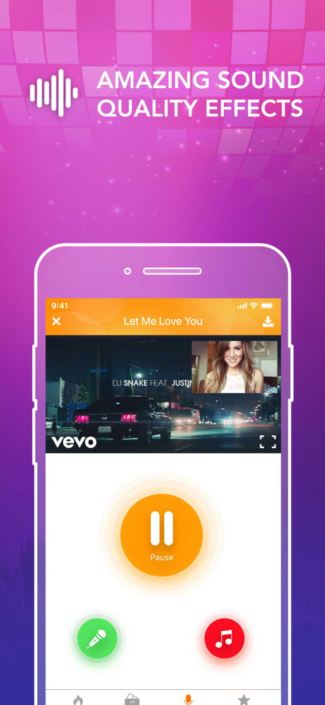 Karaoke app interface showing video recording with sound quality effects