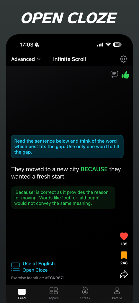 Interfaccia dell'app mobile per Cambridge English Shorts che mostra un esercizio di "Open Cloze" di grammatica di livello avanzato.