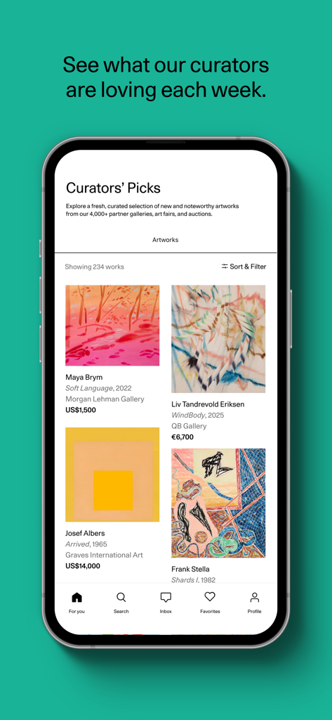 Artsy: Buy & Sell Fine Art - Pantalla de smartphone mostrando la sección Selecciones de Curadores de la aplicación Artsy con una cuadrícula de pinturas y precios